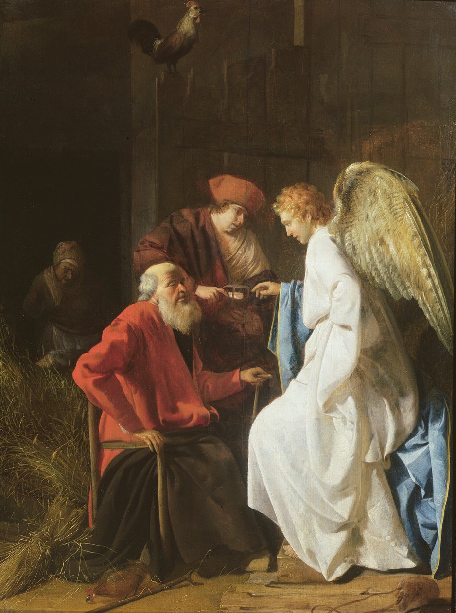 Tobias e o anjo curando a cegueira de Tobit, 1630 de Simon Henrixz van Amersfoort