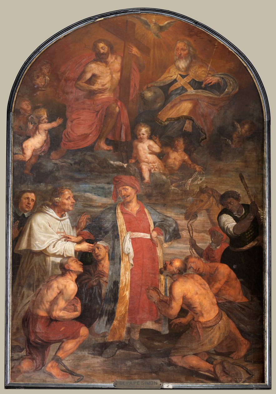 Igreja paroquial (Sint-Walburgakerk). Pintura, tríptico. Simon De Pape (?). Redenção dos escravos cristãos para os turcos. de Simon II de Pape