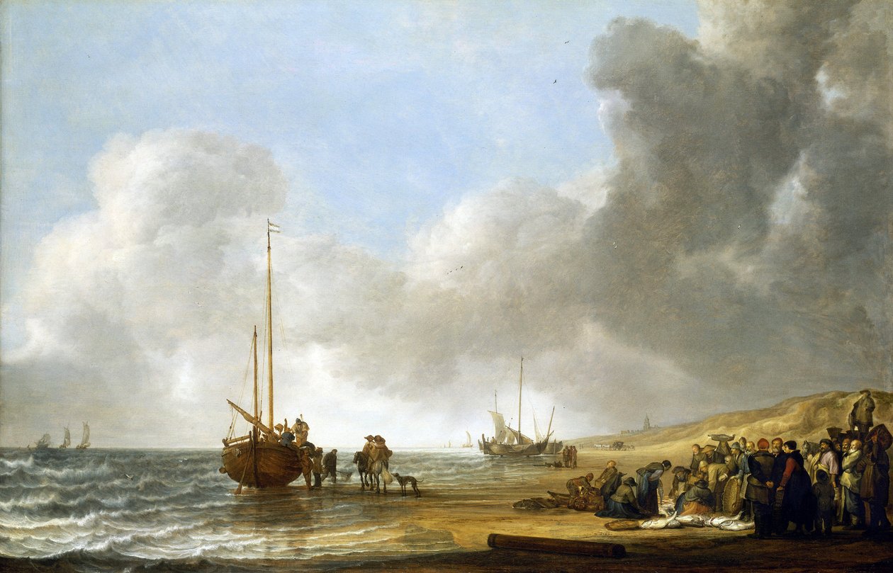Uma cena na praia de Scheveningen (Haia, Países Baixos), o mar à esquerda e as dunas de areia à direita; ao centro, um barco de pesca com a quilha assente e um grupo de pescadores de Simon Jacobsz. Vlieger