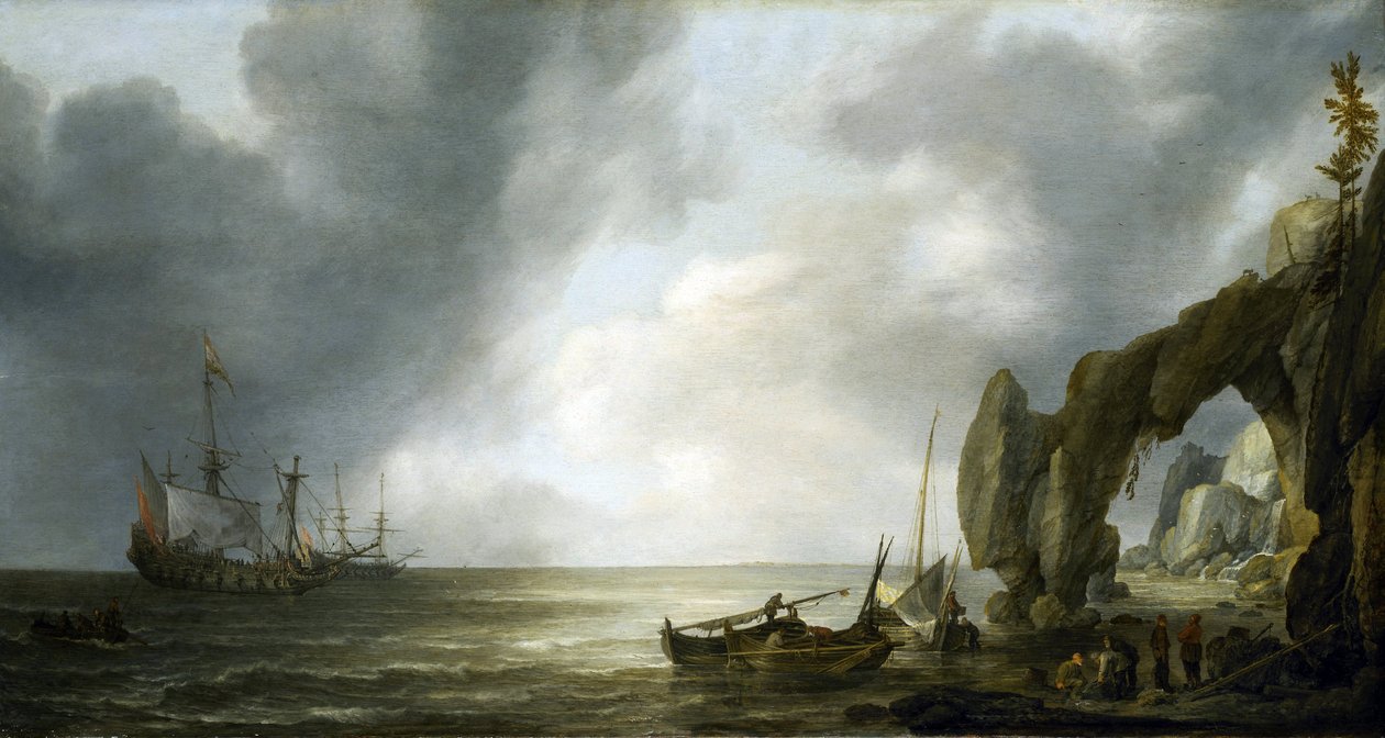 Navios de guerra holandeses ancorados ao largo de uma costa rochosa, alguns tripulantes desembarcaram na costa, reunidos à volta de cestos de pesca de Simon Jacobsz. Vlieger