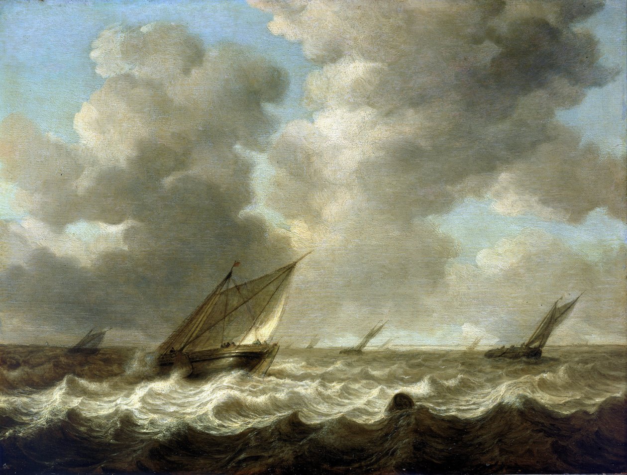 Barcos de pesca em mar agitado, na linha do horizonte é visível a costa holandesa. Óleo sobre madeira de Simon Jacobsz. Vlieger