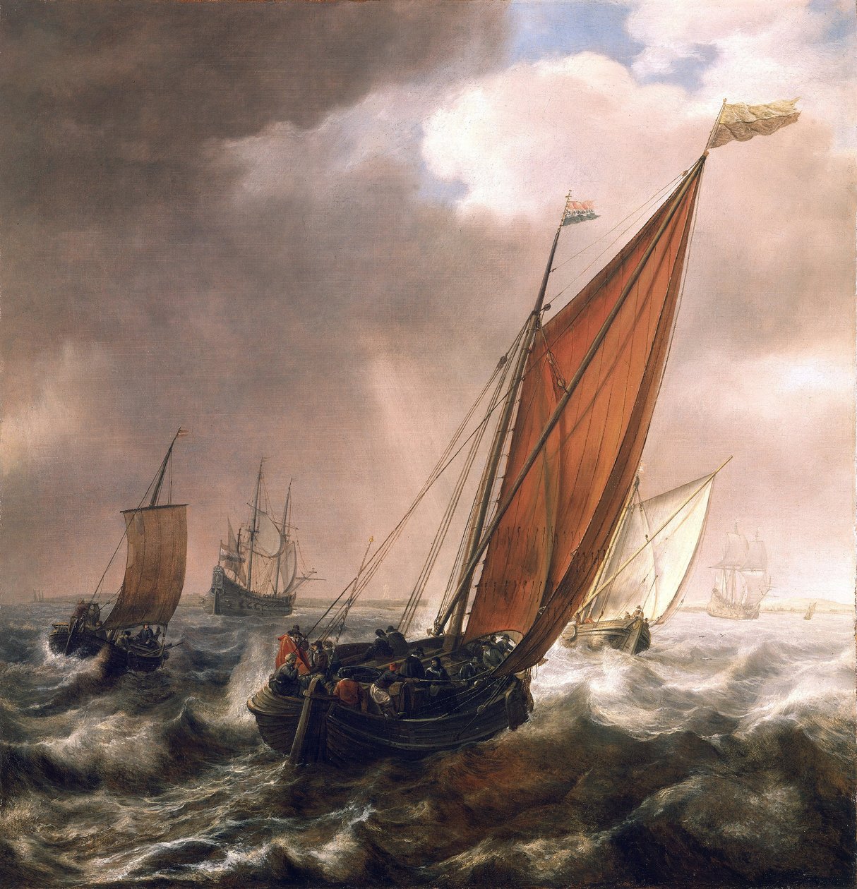 Pequeno navio de transporte holandês, antes da brisa, nas águas calmas e pouco profundas da costa, com a bandeira do Almirante da Zelândia (nordeste dos Países Baixos) e da Holanda de Simon Jacobsz. Vlieger