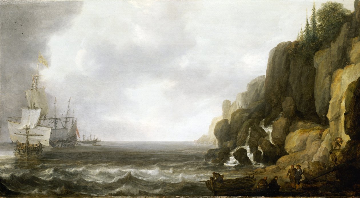 Abastecendo uma esquadra de navios de guerra holandeses ancorados ao largo de uma costa rochosa, vários marinheiros estão agrupados na praia de Simon Jacobsz. Vlieger