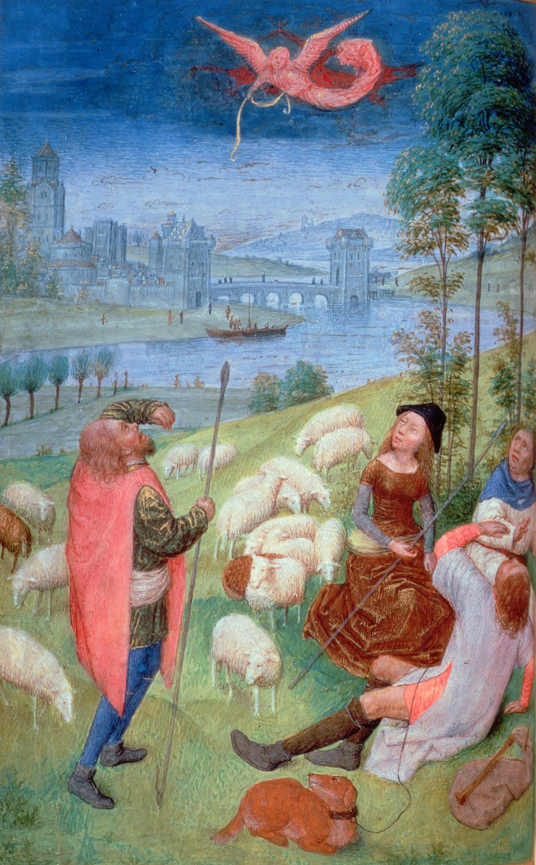 Adicione 38126 fol.79v-80 A Anunciação aos Pastores, das Horas de Huth, 485-90 (velino)iennes (detalhe de 20281) de Simon Marmion
