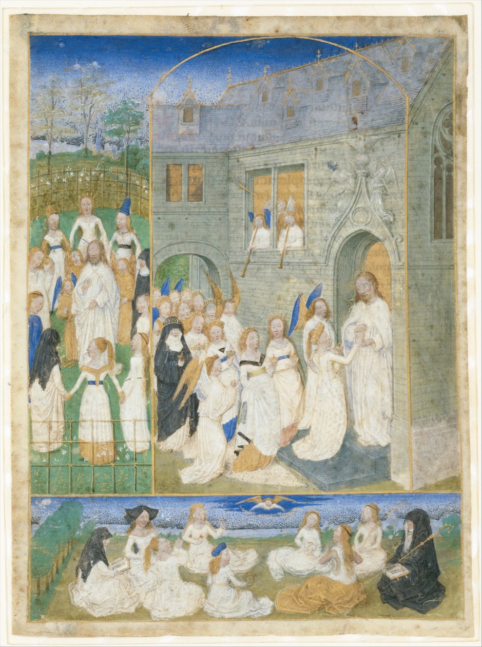 As santas virgens recebidas por Cristo ao entrarem pelas portas do Paraíso de Simon Marmion
