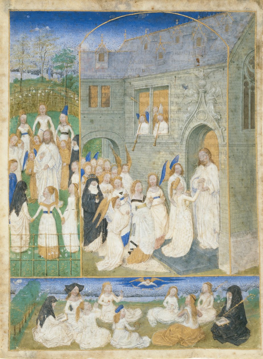 As Virgens Sagradas Saudadas por Cristo ao Entrarem nos Portões do Paraíso, ca. 1467-70. de Simon Marmion