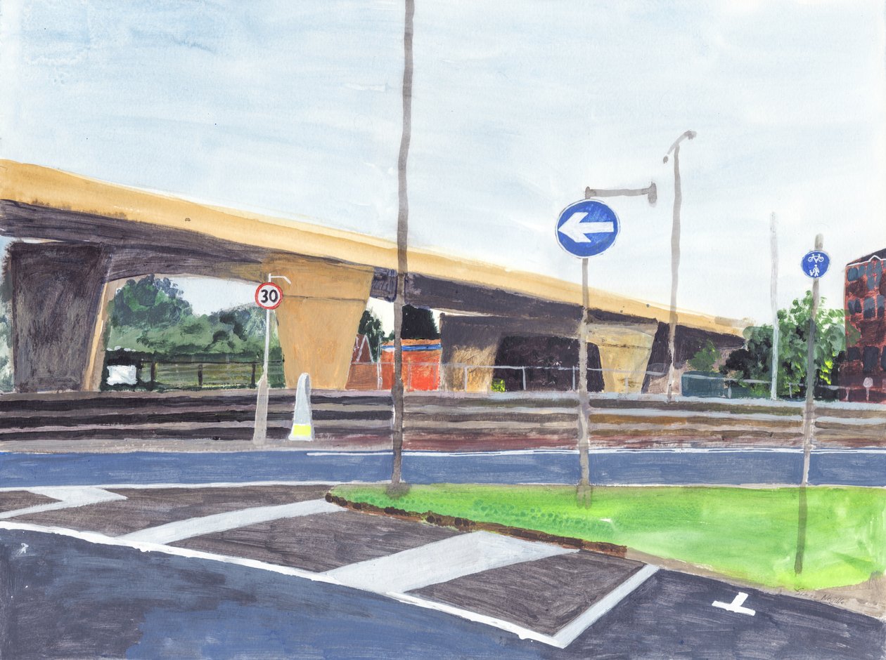 Viaduto de betão, 2019 (acrílico, aguarela e tinta sobre papel) de Simon Neville