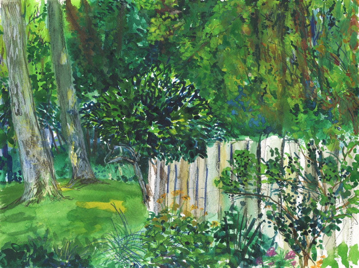 Jardim e zona húmida (aguarela, lápis de aguarela e grafite sobre papel) de Simon Neville