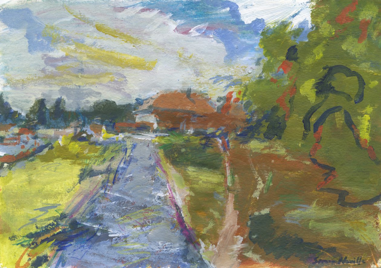 Pavenment  shortcut to houses, 2024 (acrílico, aguarela, lápis de aguarela e pastel de óleo sobre papel) de Simon Neville