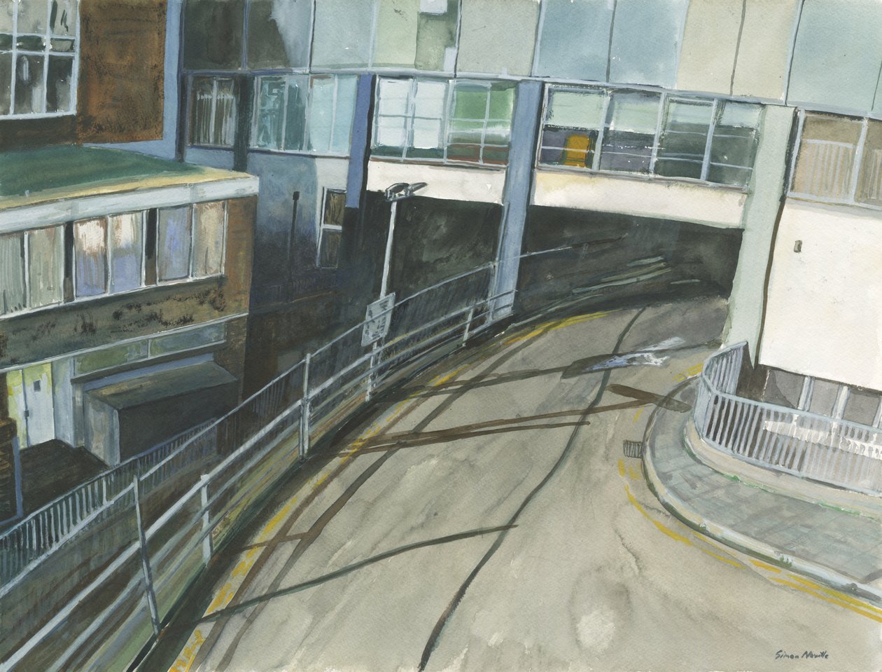 Entrada de táxi da estação ferroviária, 2019 (aguarela e guache sobre papel) de Simon Neville