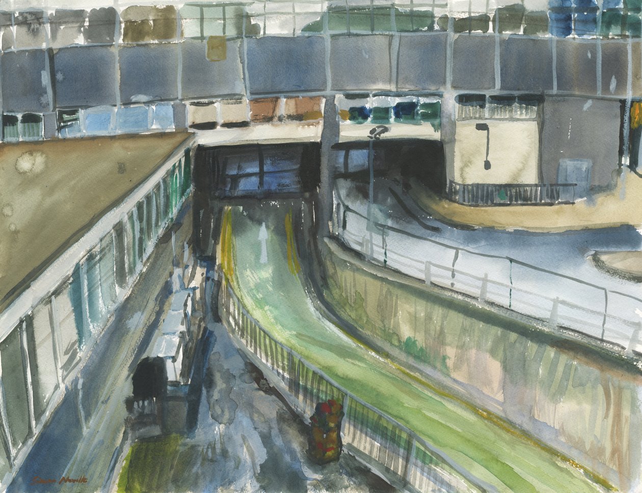 Entrada da saída de táxi da estação ferroviária, 2019 (aguarela e guache sobre papel) de Simon Neville