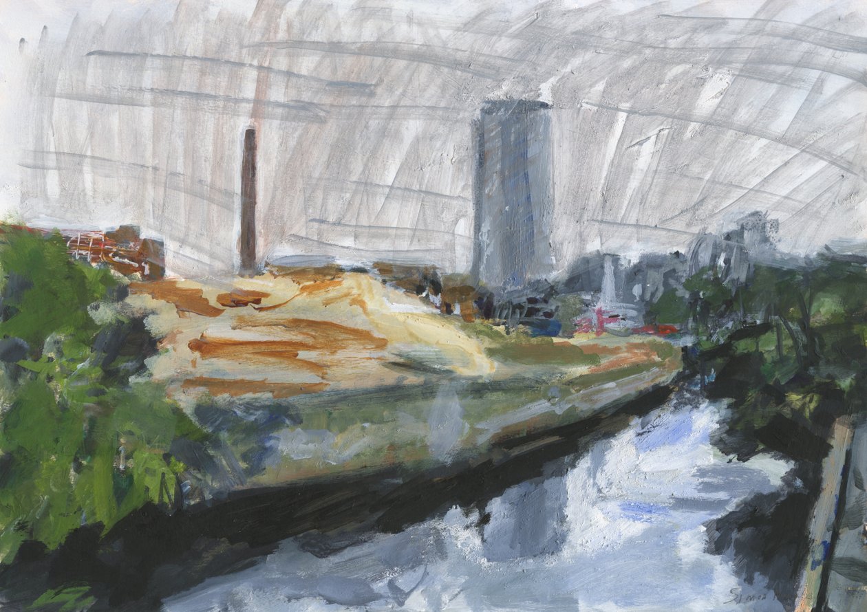 River Wandle and Ram Brewery redevelopment site, Wandsworth, 2025 (acrílico, canetas de tinta acrílica, canetas de nanquim, canetas de tinta à base de óleo e grafite sobre papel) de Simon Neville
