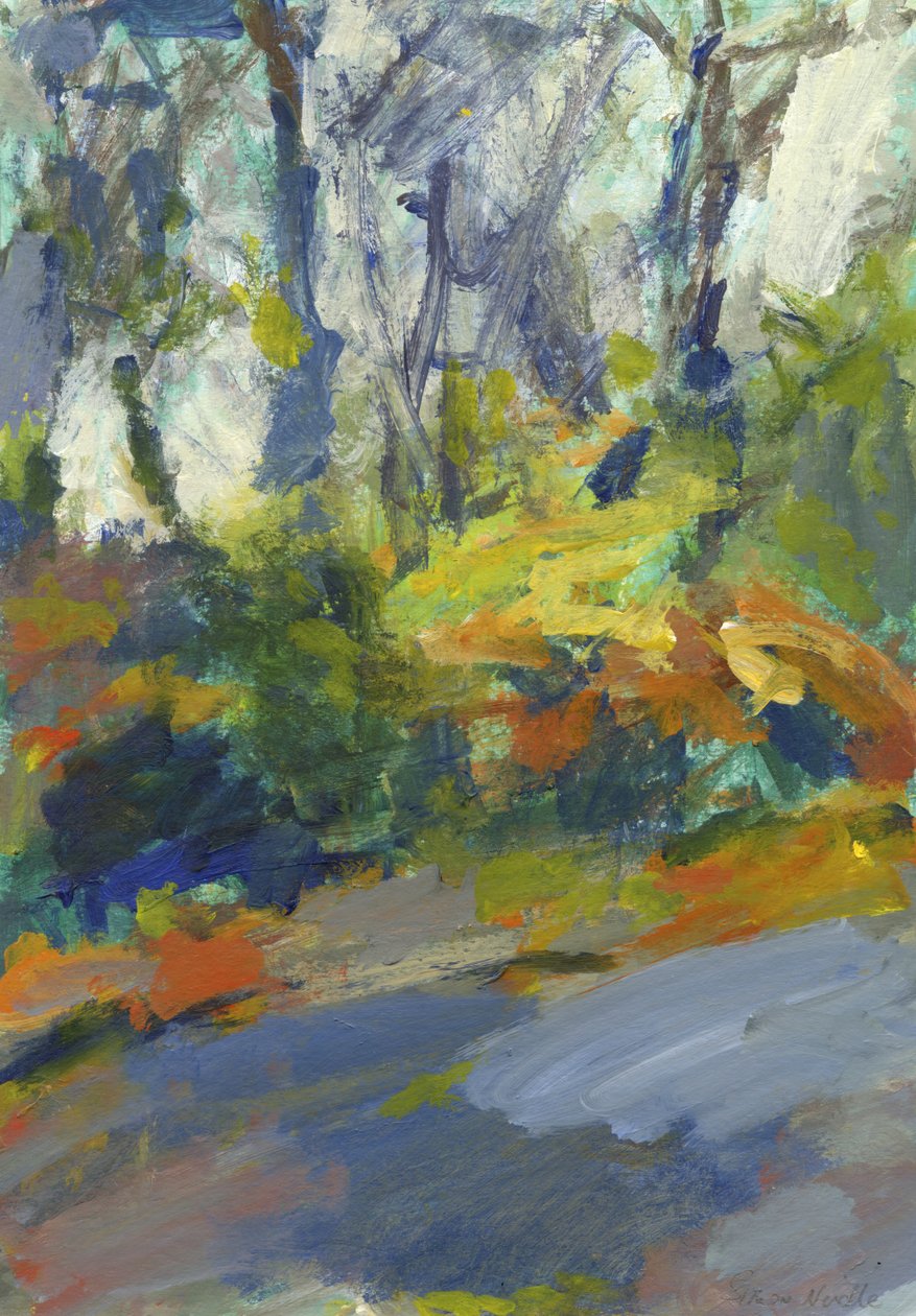 Estrada com árvores e arbustos, 2023 (acrílico sobre papel) de Simon Neville