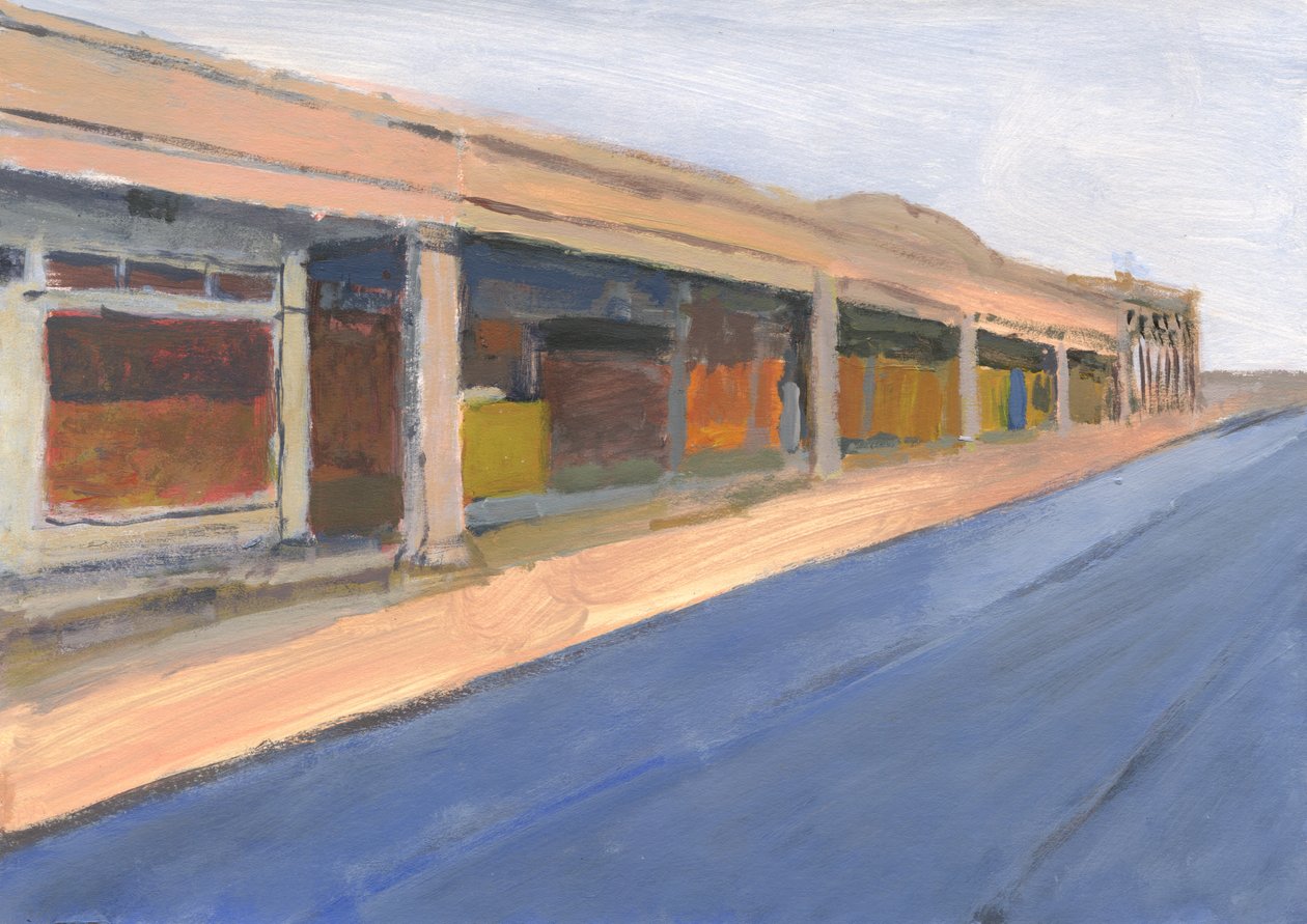 Strip mall 6, 2023 (acrílico sobre papel) de Simon Neville