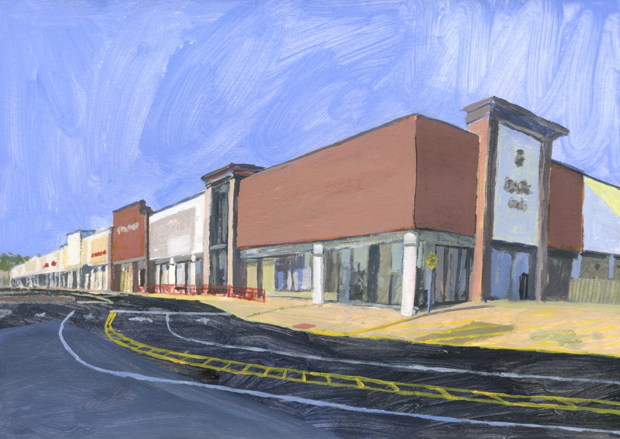 Strip mall 8, 2023 (acrílico sobre papel) de Simon Neville