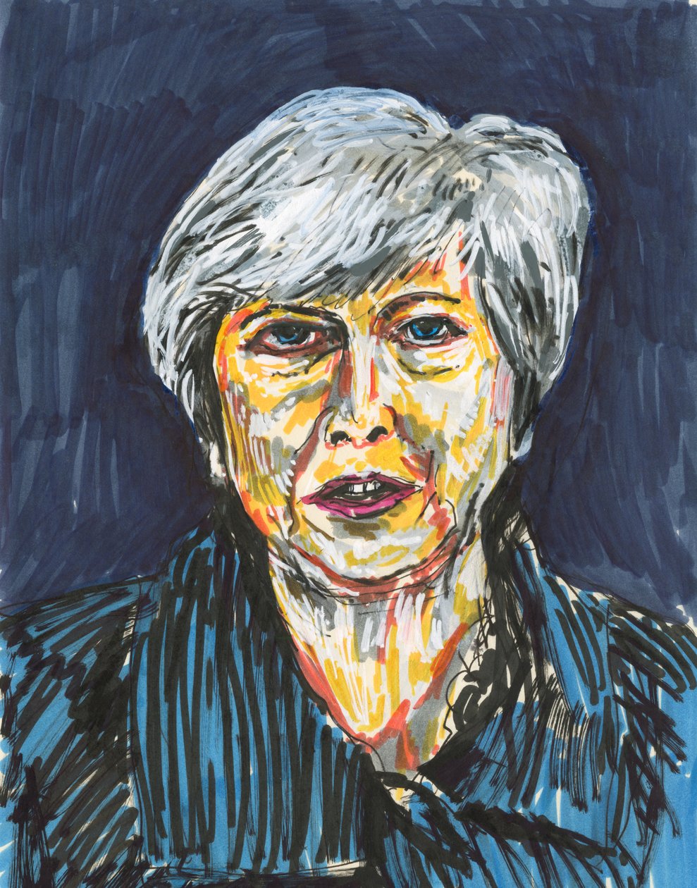Theresa May, 2019 (tinta e canetas de tinta acrílica sobre papel) de Simon Neville