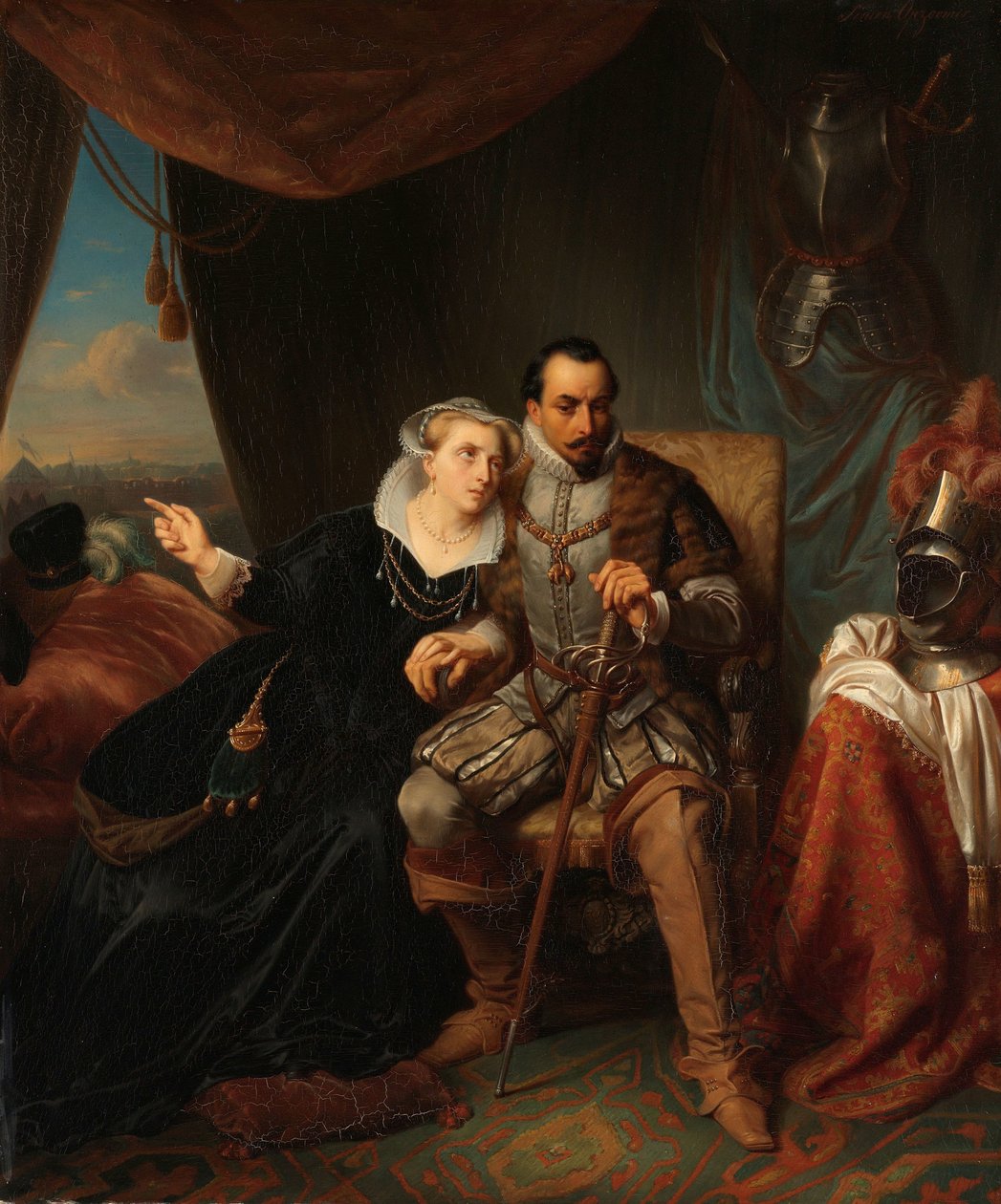 Magdalena Moons implora seu noivo Francisco Valdez para adiar o assalto de Leiden outra noite, 1574 Cena da Guerra dos Oitenta Anos de Simon Opzoomer