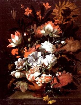 Túlipas, cravos, girassóis e outras flores numa urna sobre uma saliência de pedra (óleo sobre tela) de Simon Peeterz (follower of) Verelst