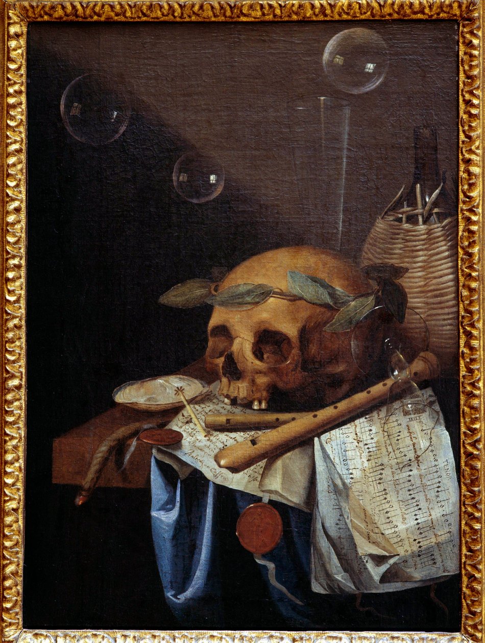 Vanita vida de caveira coroa de louros, flautas, partitura e jarro de vinho. Pintura de Simão Bernardo de Santo André (1613-1677) Sol do século XVII. 0,6x0,43 m Lyon, Musee des Beaux Arts de Simon Renard de Saint Andre