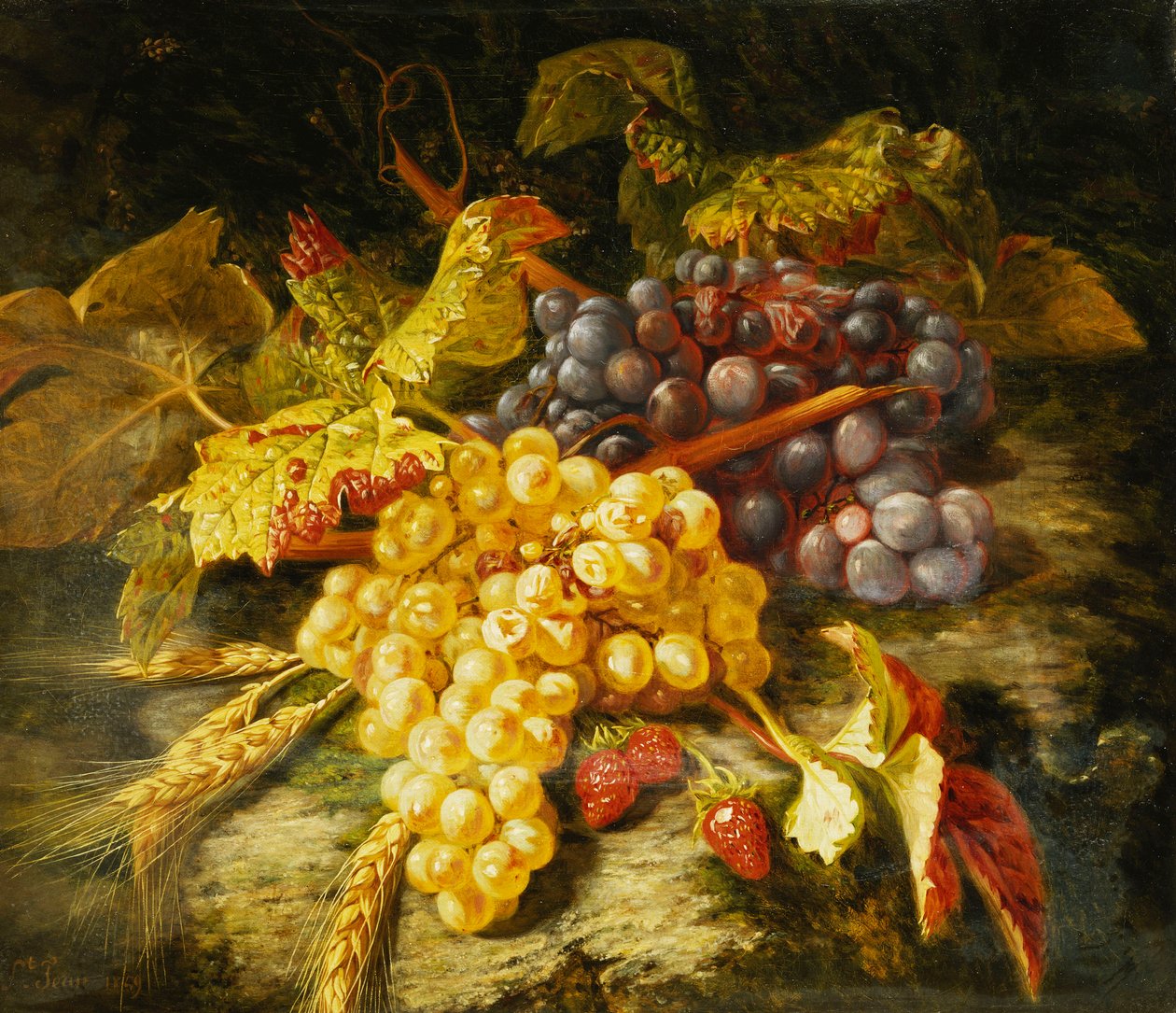 Uvas, trigo farpado e morangos em uma borda rochosa, 1849 de Simon Saint Jean