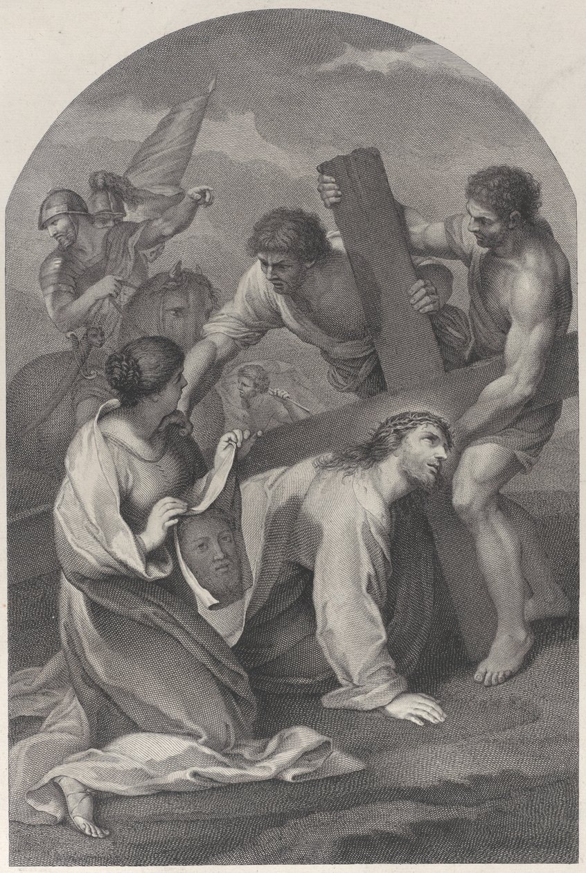 Cristo caiu no chão sob o peso da cruz, com dois homens ajudando e ..., ca. 1729. de Simon Vallee