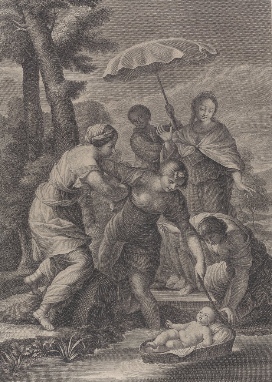 Três mulheres puxando a cesta com o bebê Moisés da água, ca. 1729. de Simon Vallee