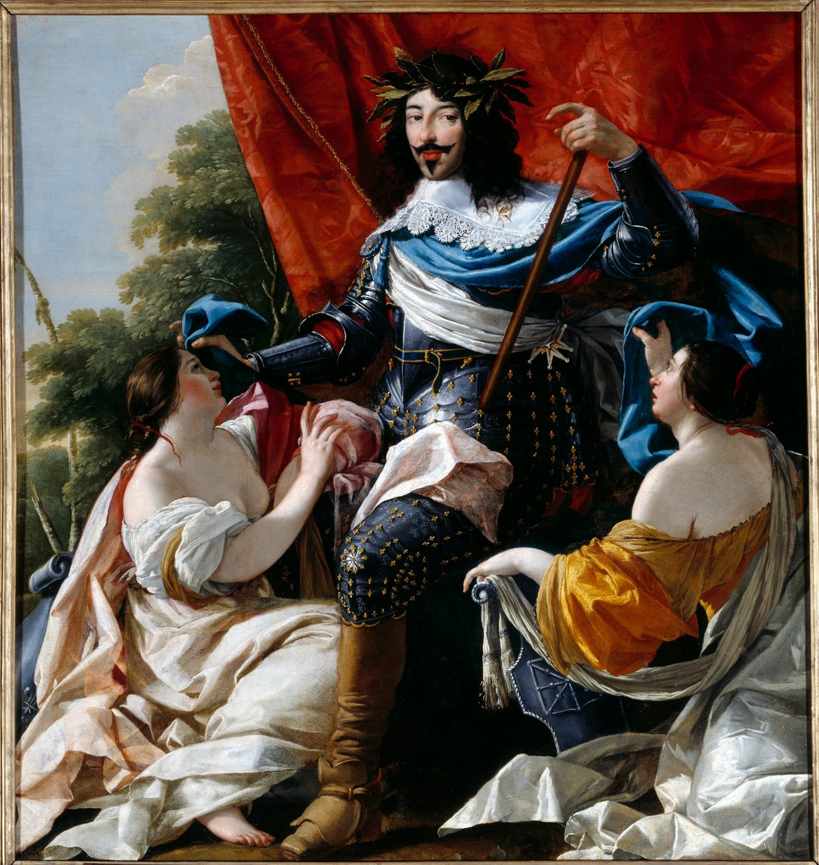 Representação do Rei de França Luís XIII (1601-1643) entre as alegorias de França e Navarra Pintura da oficina de Simon Vouet (1590-1649) Sol do século XVII. 1,79x1,41 m de Simon Vouet
