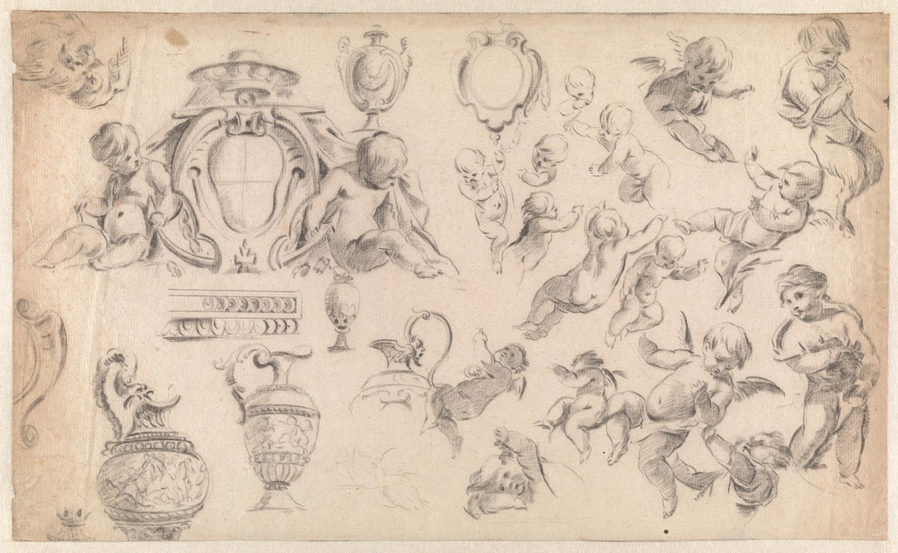 Estudo para uma decoração com putti e ornamentos de Simon Vouet
