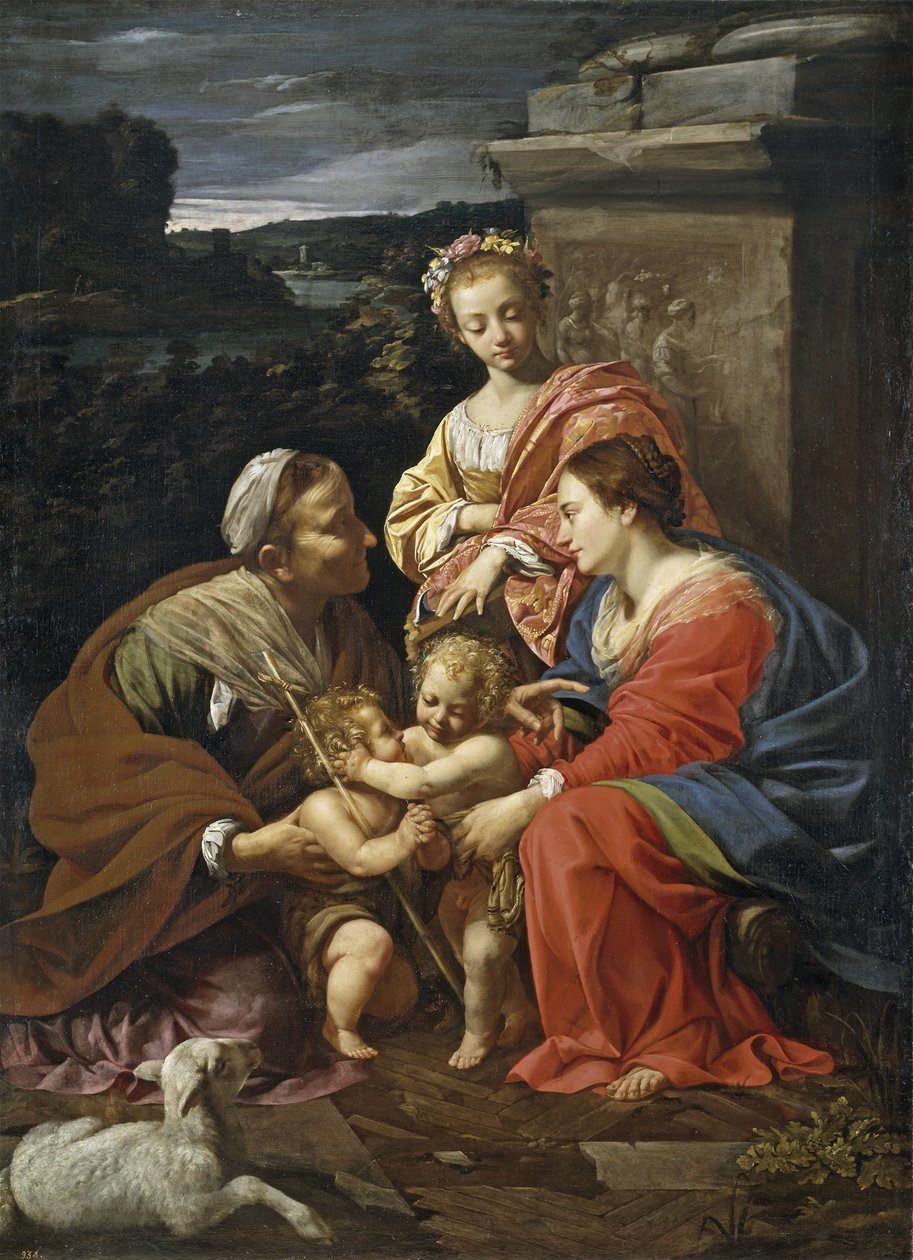 Virgem e criança com João Batista quando menino, Santa Isabel e Santa Catarina, 1625-1626 de Simon Vouet