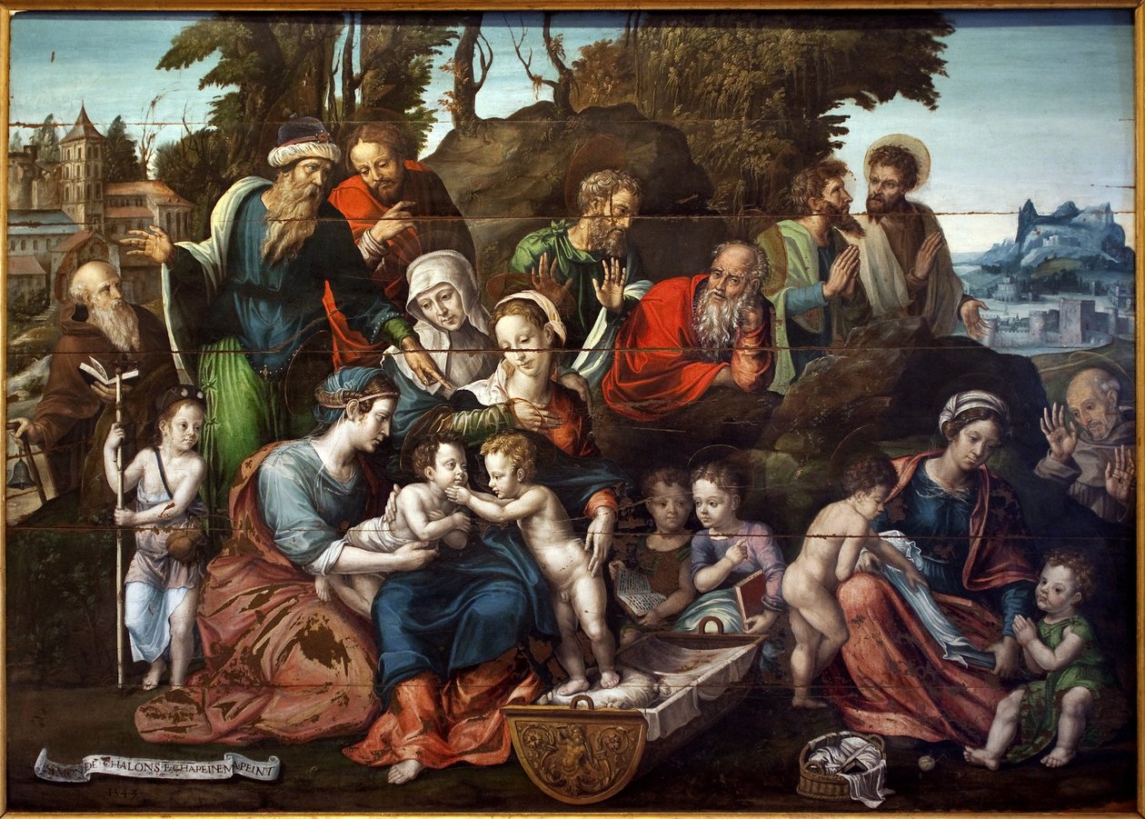 O Santo Pai. (Santa Ana, rodeada pelos seus três maridos sucessivos, Salomé (túnica azul, com indicador pontiagudo), Cleofas (com casaco vermelho, pai de Marie Cleophas) e Joaquim, pai da Virgem (casaco vermelho, cabeça apoiada no punho). No cen de Simon de Châlons