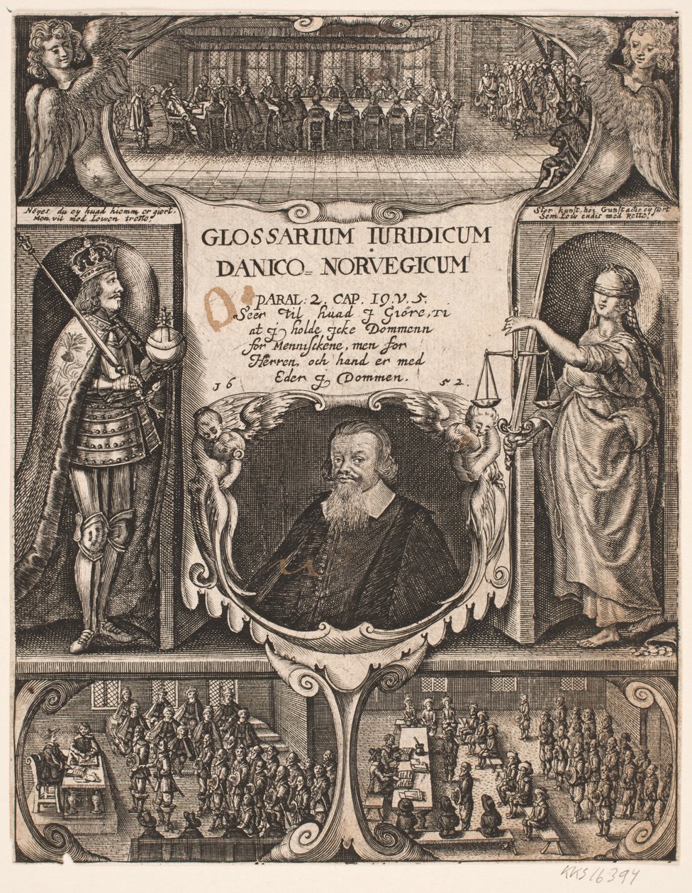 Folha de rosto com retrato de C.O. Veile para "Glosarium juridicum Danico - Norvegicum", 1652 de Simon de Pas