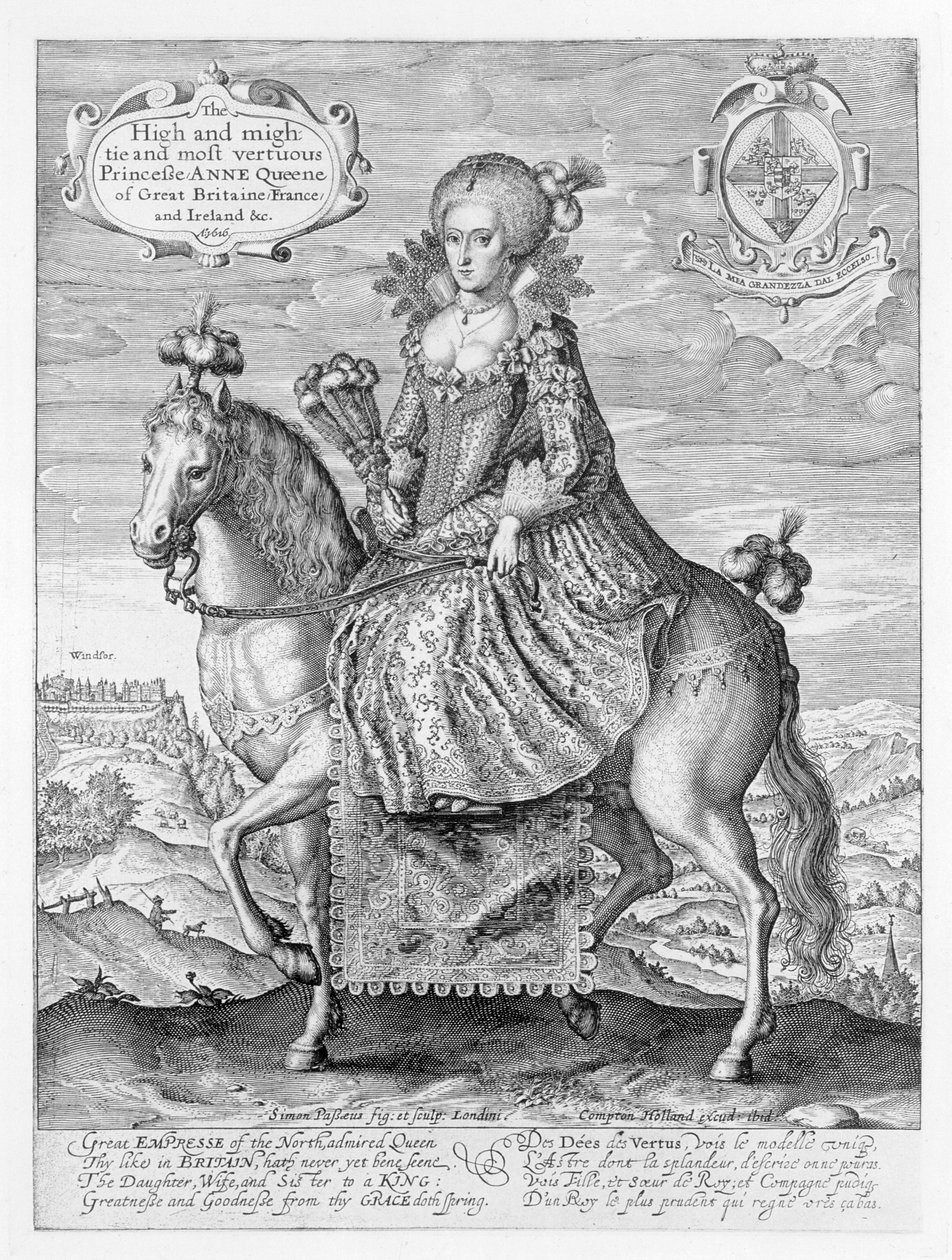 Retrato equestre de Ana da Dinamarca (1574-1619) gravado pelo artista, pub. de Compton Holland, 1616 de Simon de Passe