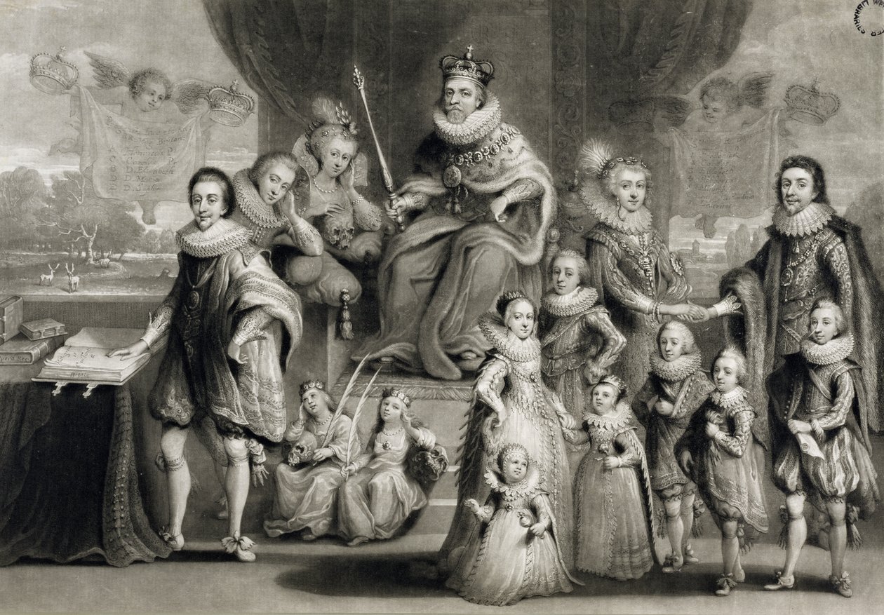 Sua Majestade Tiago I e sua progênie real junto com a Família do Rei da Boêmia, gravada por Charles Turner (1773-1857), 1814 de Simon de Passe