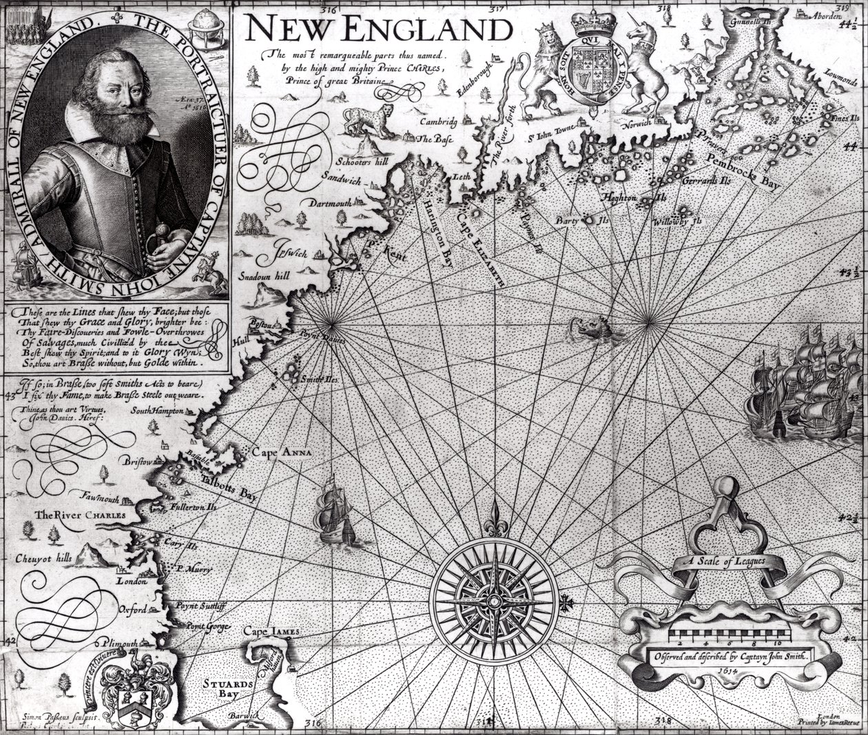 Mapa da costa da Nova Inglaterra, observado e descrito pelo capitão John Smith (1580-1631) 1614, de &39;Generall Historie&39;, 1624 de Simon de Passe