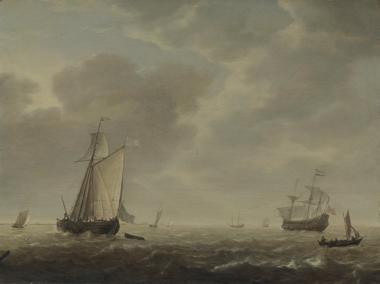 Um homem de guerra holandês e vários navios em uma brisa, c. 1640 de Simon de Vlieger