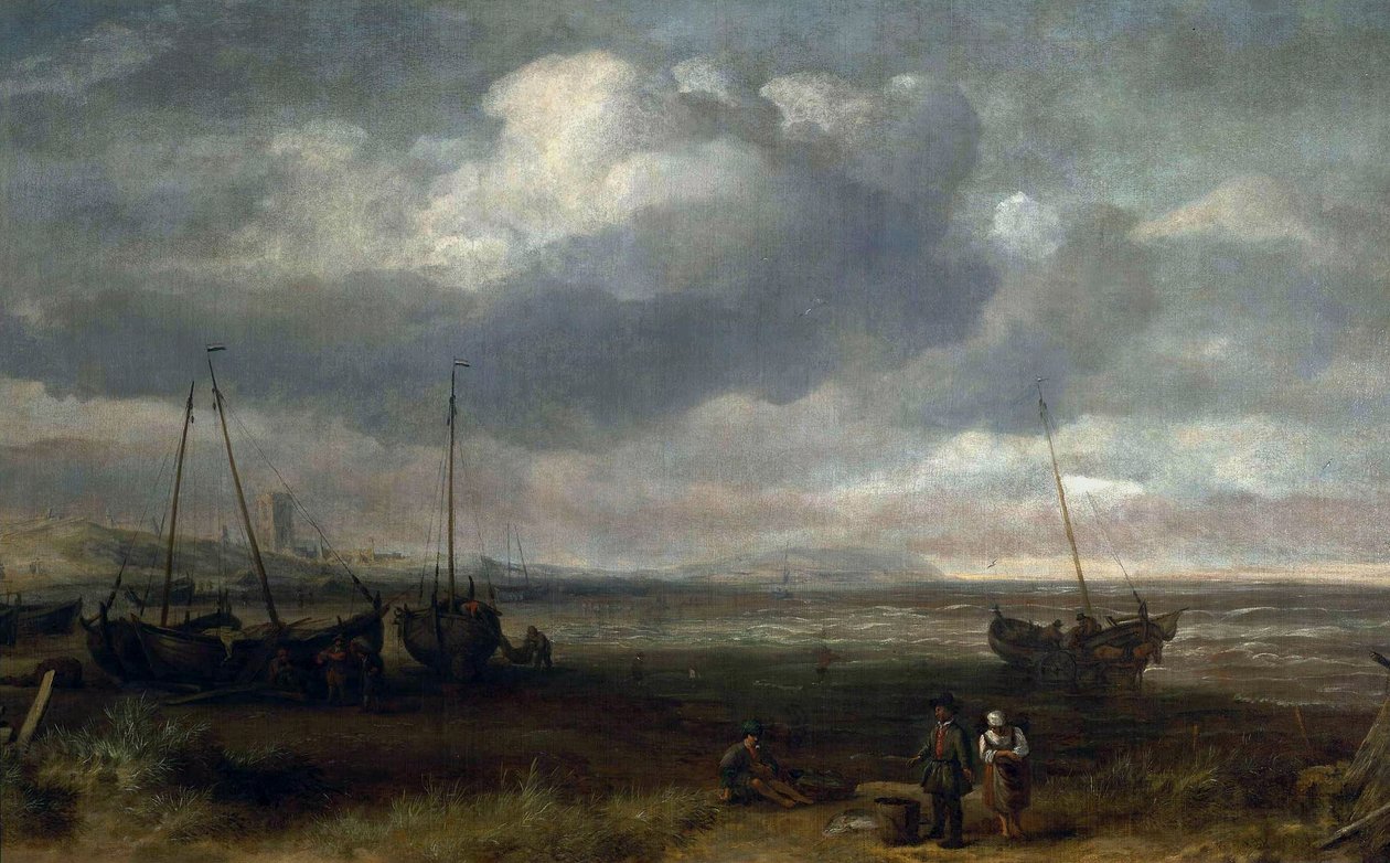 Beira-mar em Scheveningen com barcos de pesca de Simon de Vlieger