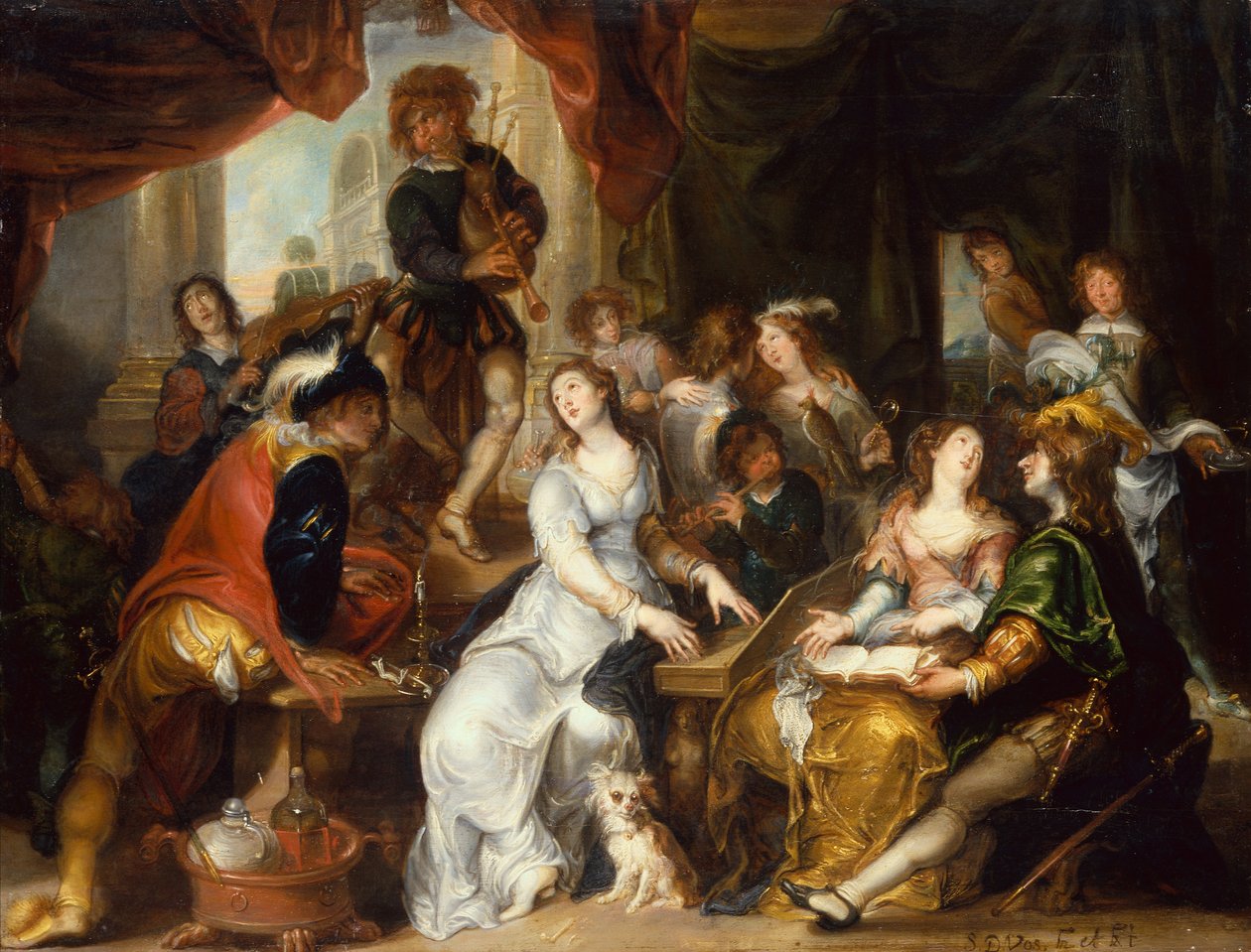 Uma alegoria dos cinco sentidos: uma companhia alegre em um interior palaciano de Simon de Vos