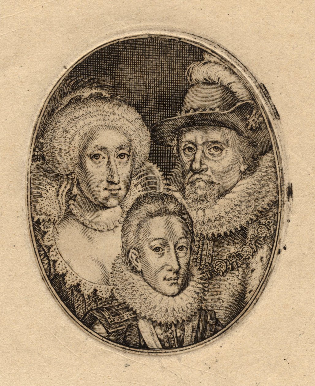 Ana da Dinamarca; Rei Carlos I quando Príncipe de Gales; Rei Tiago I de Inglaterra e VI da Escócia por Simon De Passe (2) de Simon van de Passe