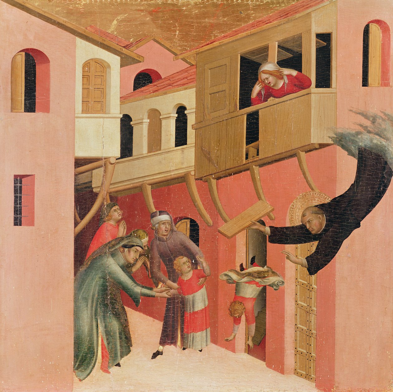 Polyptych do Beato Agostino Novello e quatro histórias de sua vida, detalhe do painel da mão esquerda de Agostino Novello salvando um bebê que cai de uma varanda, c.1328 (têmpera no painel) de Simone Martini