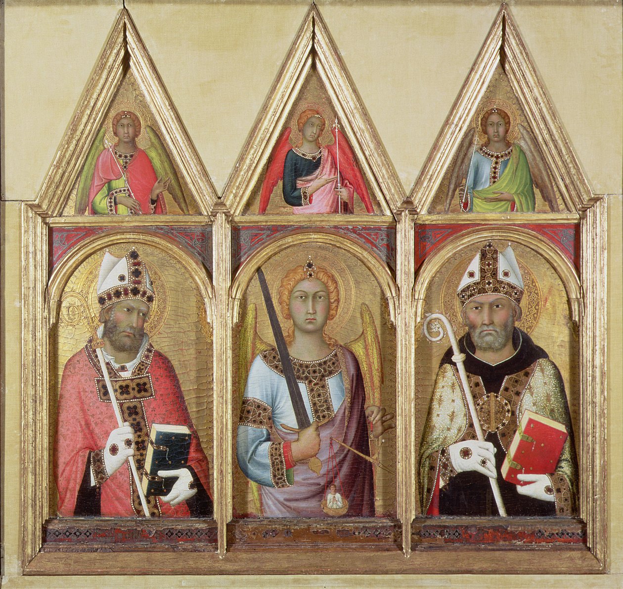 São Geminiano, São Miguel e Santo Agostinho, c.1319 (têmpera com ouro no painel) (detalhes 58834 e 58836) de Simone Martini