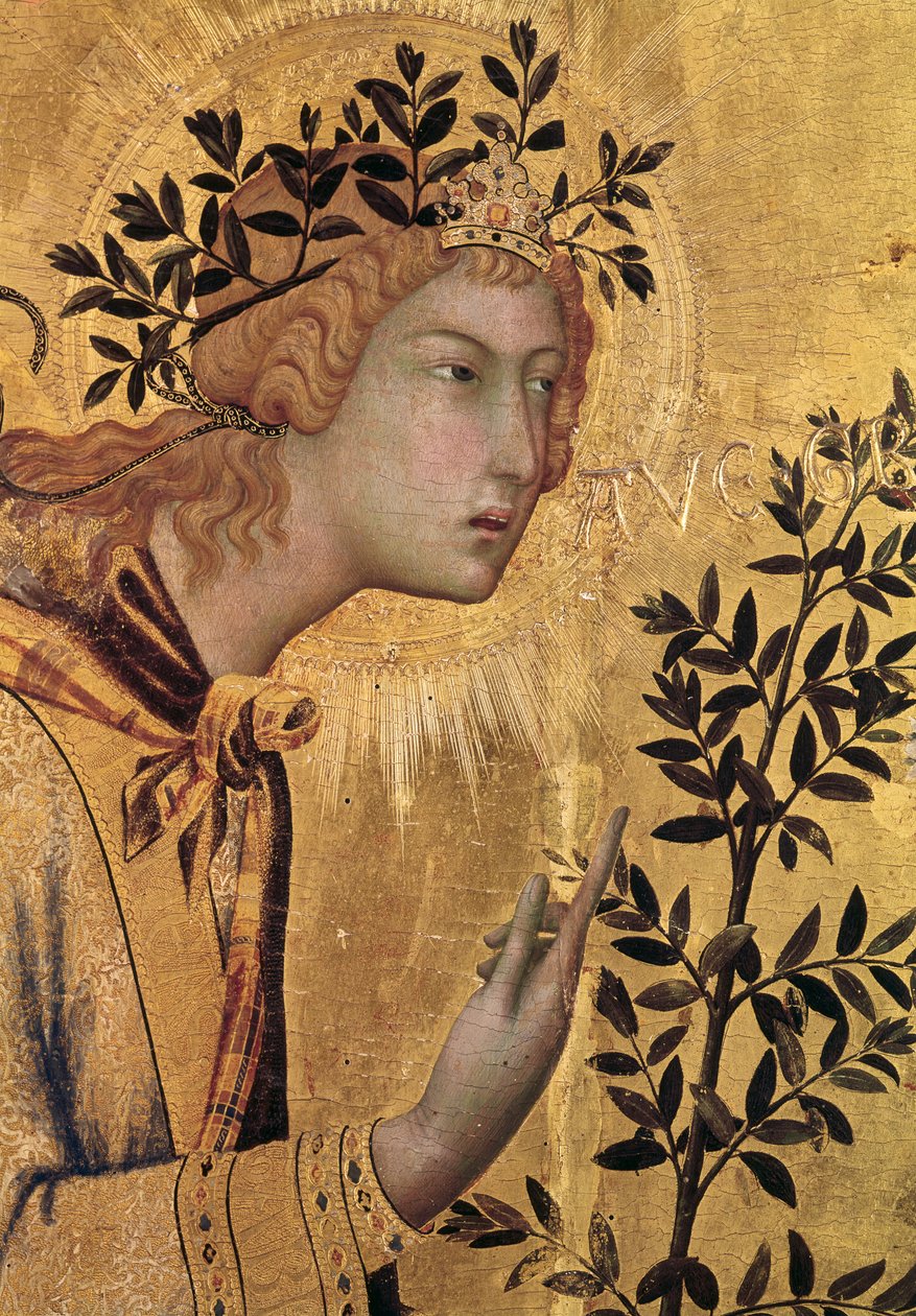 A Anunciação com Santa Margarida e São Asano, detalhe do Arcanjo Gabriel, 1333 (têmpera no painel) (detalhe de 50322) de Simone Martini