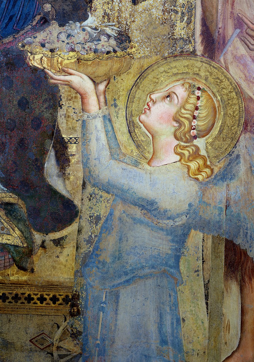 Maesta: Angel Oferecendo Flores para a Virgem, 1315 detalhes em afresco de 51591 de Simone Martini