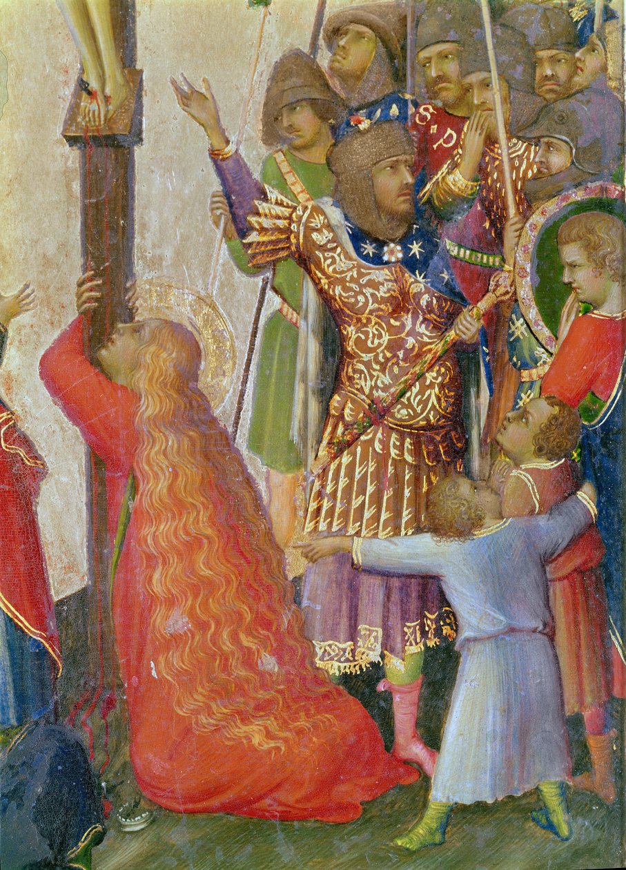 O Golpe da Lança detalhe do grupo que rodeia Maria Madalena Tempera no painel de Simone Martini
