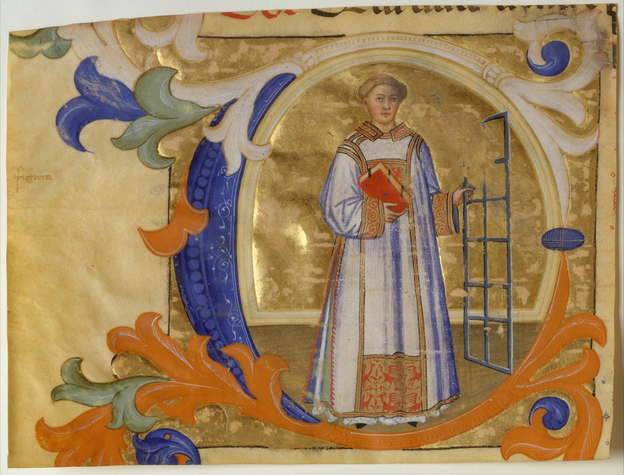 Iluminação Manuscrito com São Lourenço em C inicial, de um Gradual, italiano, ca. 1380-90. de Simone Camaldolese