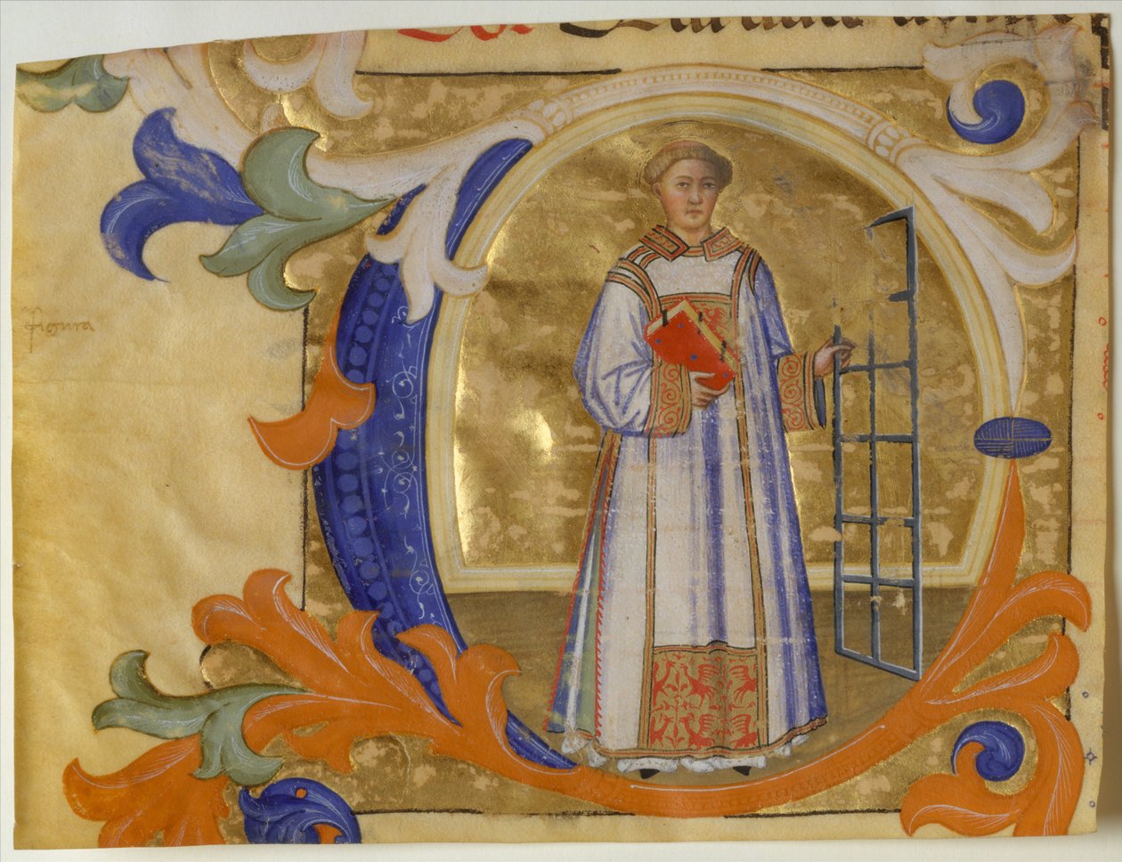 Iluminação Manuscrito com São Lourenço em C inicial, de um Gradual, ca. 1380-90. de Simone Camaldolese