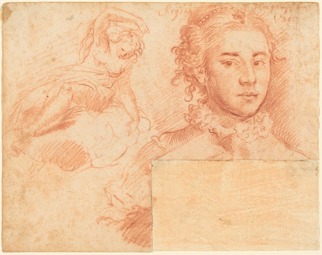 Retrato de uma rainha e estudo de uma mulher sentada numa nuvem; no verso, figura adormecida de Simone Cantarini