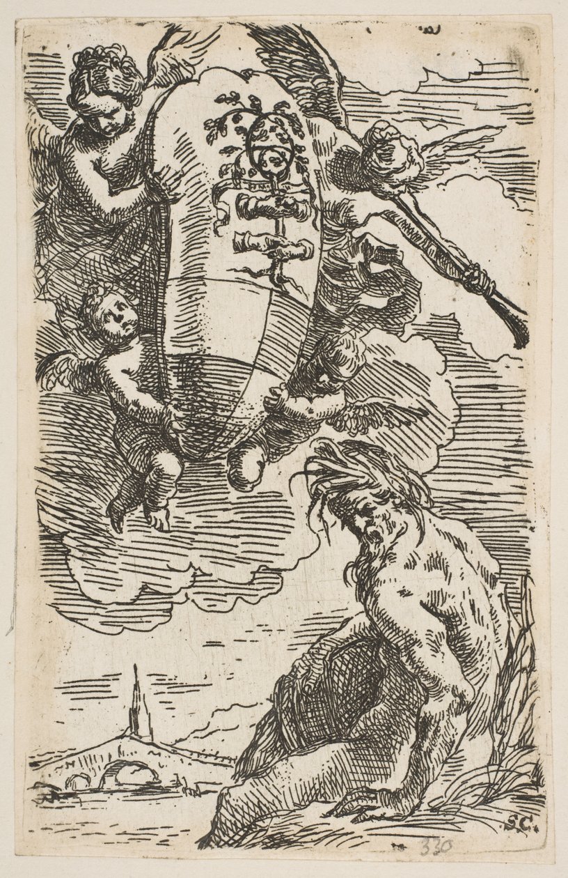 Alegoria do rio Foglia com o brasão da cidade de Pesaros, frontispício para ..., ca. 1639 de Simone Cantarini
