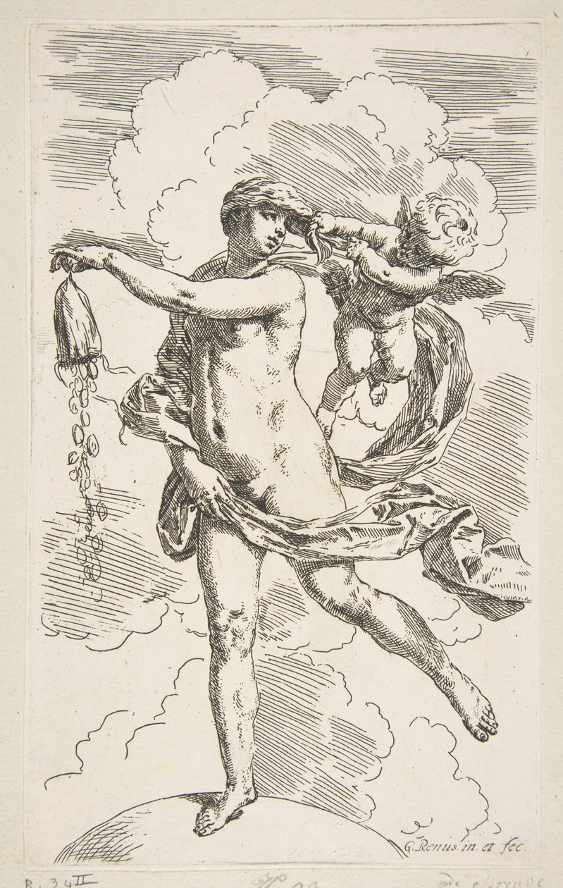 Fortuna em pé em um globo esvaziando uma bolsa de moedas, ca. 1635-1636. de Simone Cantarini