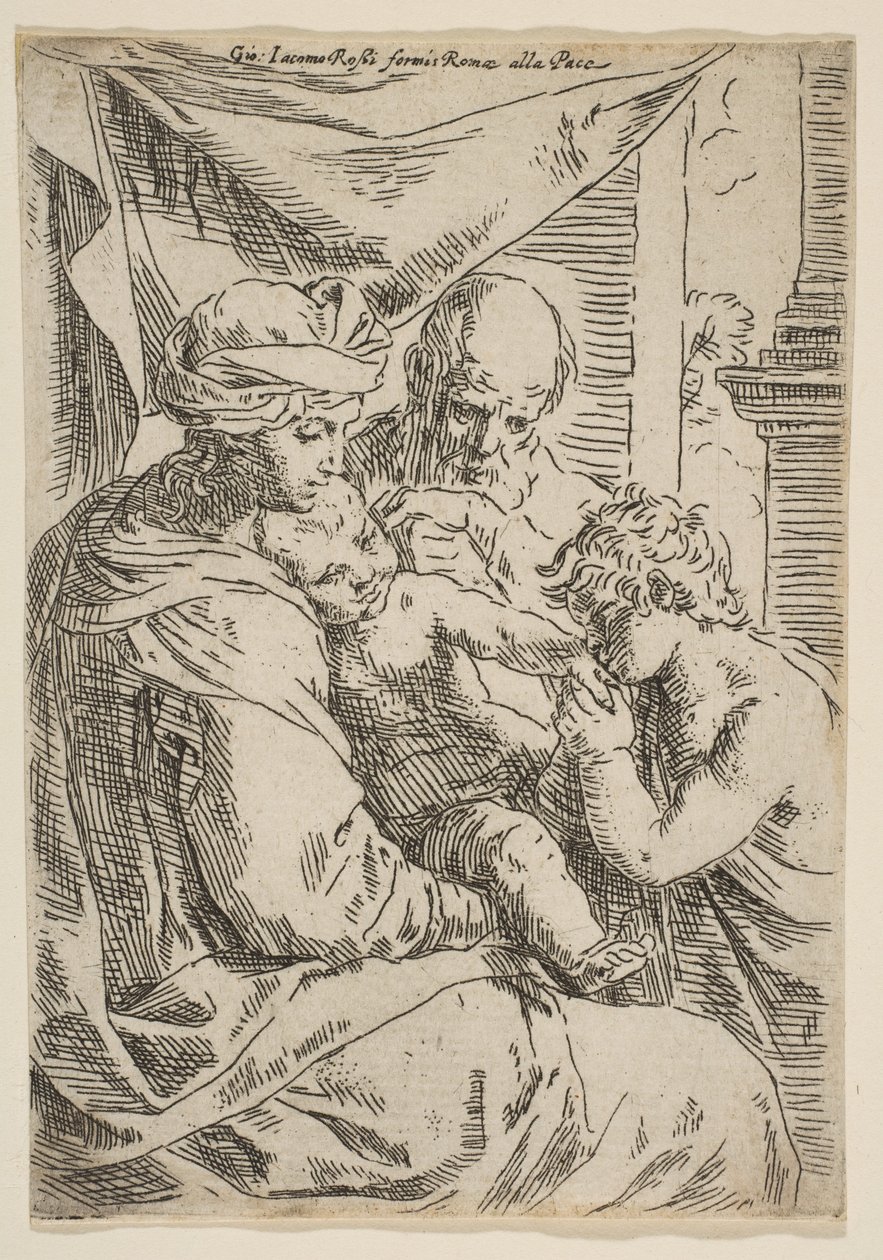 Sagrada Família com São João Batista beijando a mão de Cristo, ca.1642. de Simone Cantarini