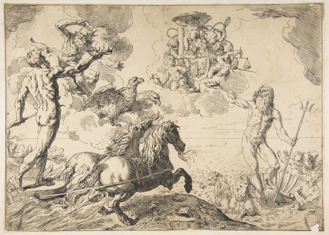 Júpiter, Netuno e Plutão oferecendo suas coroas aos braços do Cardeal Borghese, 1642-43. de Simone Cantarini